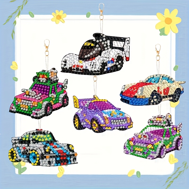 Set Of 6 Cartoon Racing Car Diamond Painting Keychain Kits, Featuring Round Cartoon Mosaic Keychains, Perfect For Women's Backpack Pendants, Handmade Kits, Home Decor Gifts, And Holiday Presents!
