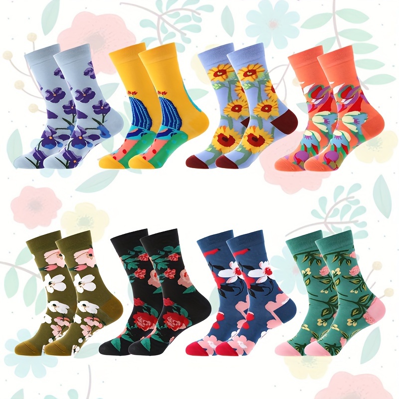 

8 Pair Of Men's Novelty Floral Pattern Crew Socks, Breathable Cotton Blend Comfy Casual Unisex Socks For Men's Outdoor Wearing