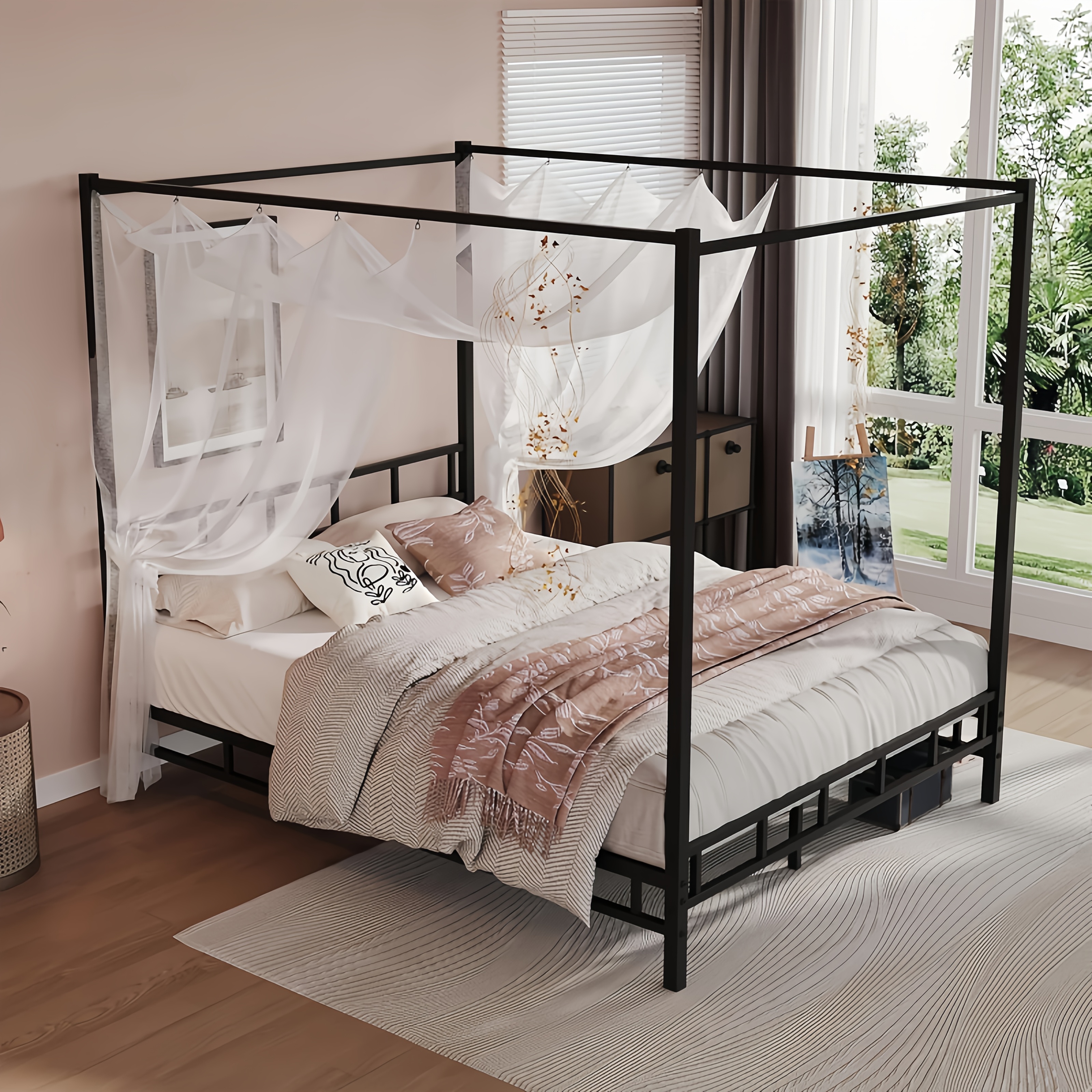 [Queen Canopy Bed Frame] Full Queen Canopy Bed Frame With Headboard And Footboard, Mattress Foundation Platform With Metal Slats Support, No Box Spring Needed, Easy Assembly, Black