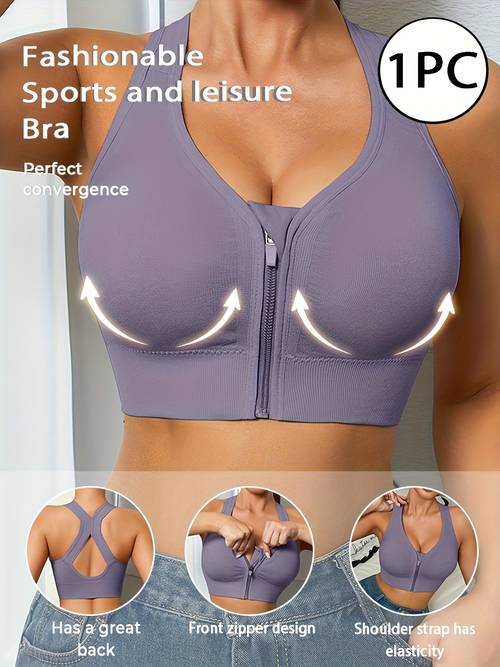 1pc womens sports bra front zipper comfortable breathable fabric womens underwear