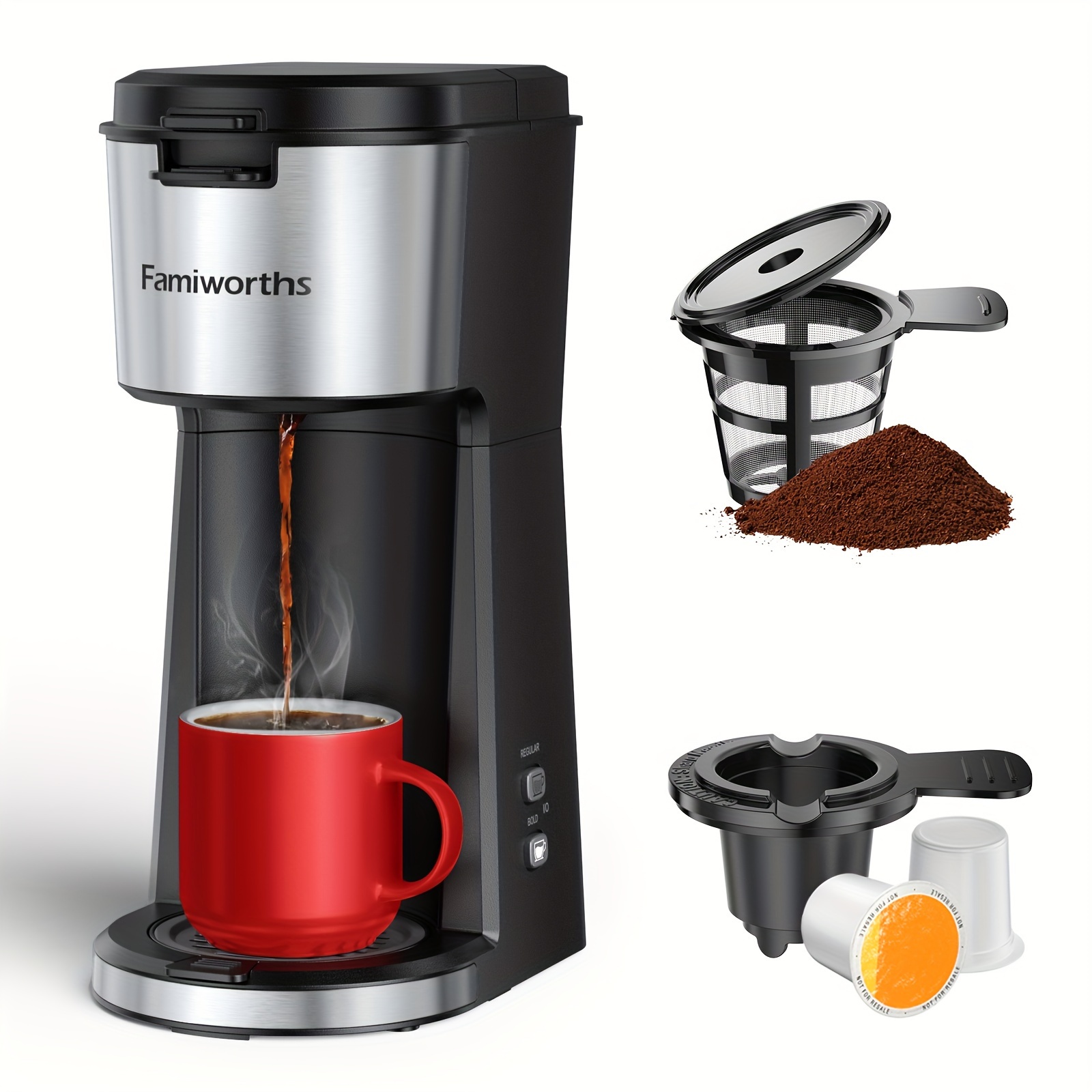 

Famiworths Single Serve Coffee Maker With Bold Brew, Small Coffee Maker K Cup & Ground Coffee, 6 To 14 Oz. Brew Sizes, With Function, Fits 6.7'' Travel Mug, Black