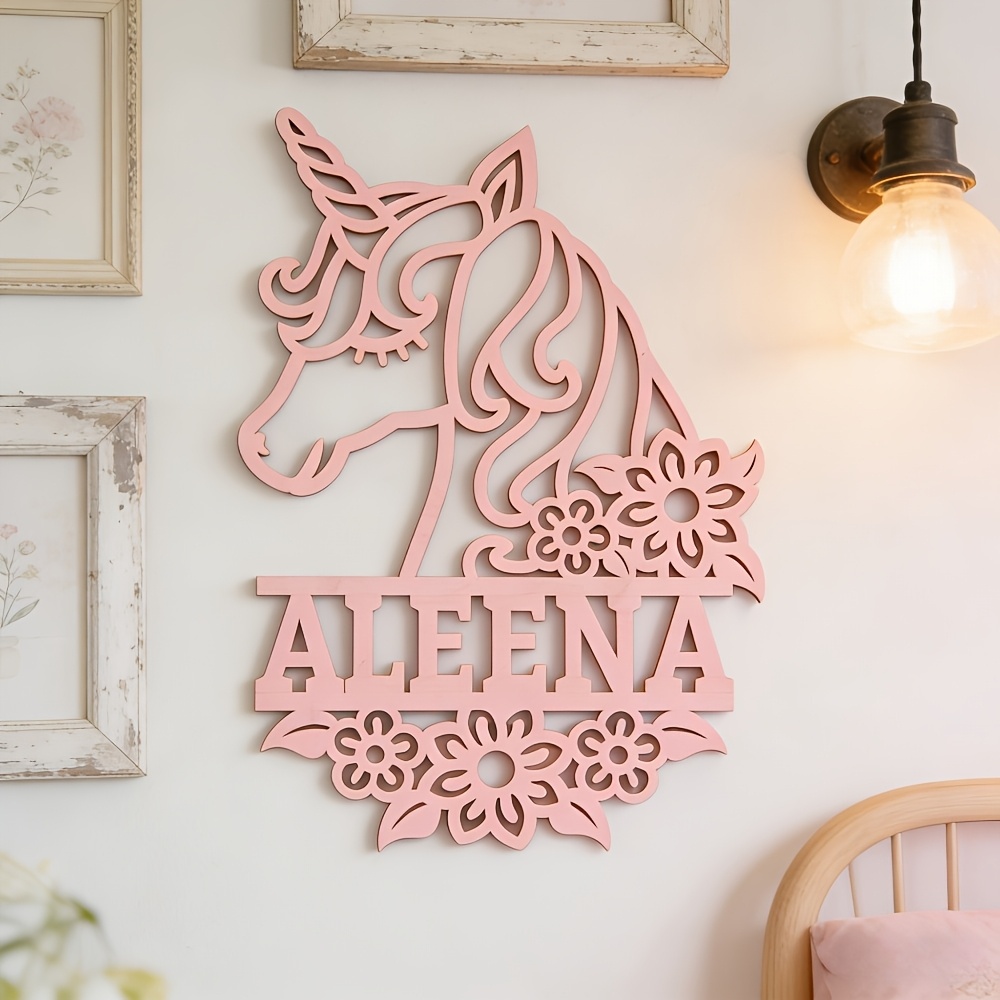 TEMU 2d Flat, 1pc D-shaped Flat Wall Sculpture, Personalized Unicorn Wooden Name Plaque, Custom Floral Nursery Wall Decor, Laser-cut Unicorn Nursery