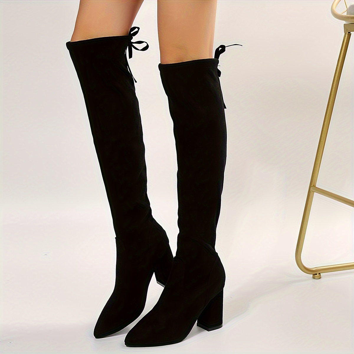 

1pr Elegant Women's Over-the-knee Boots - Sexy High Heel Long Boots With Pointed Toe, Solid Color, Comfortable For All , Chunky Heel, Lace-up Closure, , Fabric And Insole