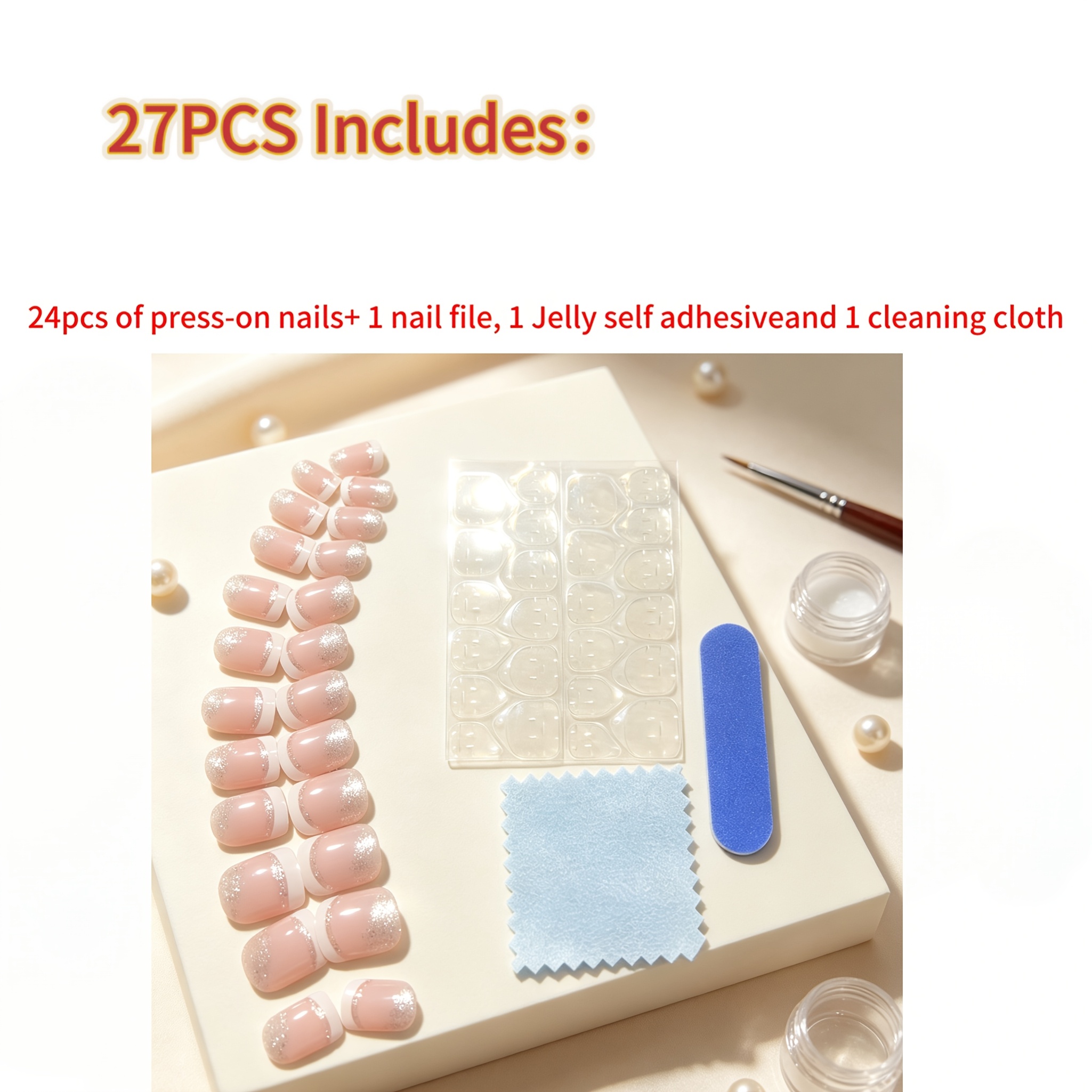 TEMU 27 piezas (contiene 24 uñas postizas de presión, 1 lima de uñas, 1 lámina de autoadhesivas de gelatina y 1 paño de limpieza) Uñas postizas de