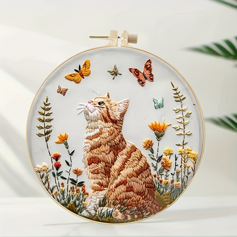 

1set Beginner-friendly Cat And Butterfly Embroidery Kit For Adults, Diy Set With Hoop, , Needles, And Instructions, Ideal For Christmas, New Year, Holiday, And Birthday Gifts, Home And Decor