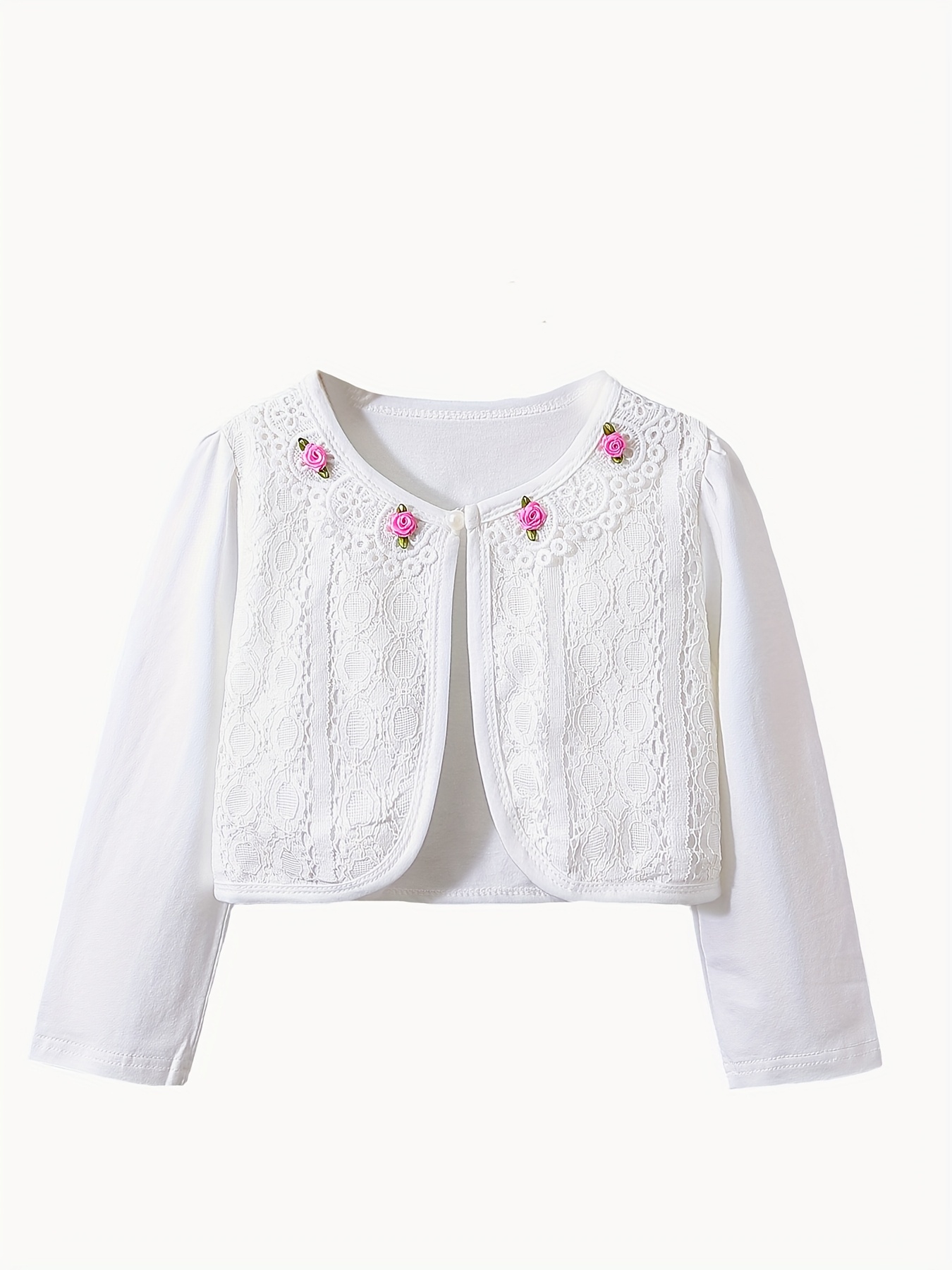 Girls' Lace Flower Knit Cardigan – Casaco de Malha Delicado com Renda Floral