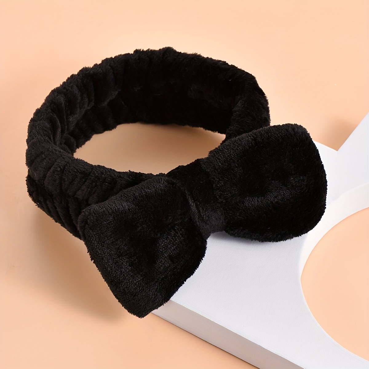 

Plush Bowknot Hair Band For Washing Face, 1pc, Soft Fleece Headband With Elastic For Skincare Routine, Makeup, Spa, Black