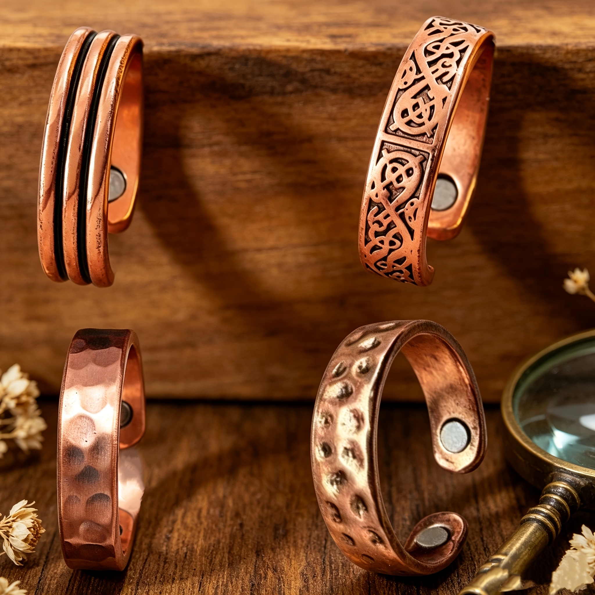 TEMU 4pcs Pure Copper Open Cuff Rings, Built-in Magnet, Adjustable Vintage Texture Copper Bangle Rings, Unisex Style, Handcrafted Rustic Copper