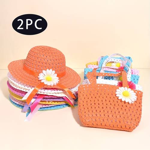 2pcs set girl flower straw woven sun hat and crossbody bag combination sunscreen breathable lightweight fisherman hat suitable for toddlers outdoor vacation summer beach party suitable for day is an ideal gift for children