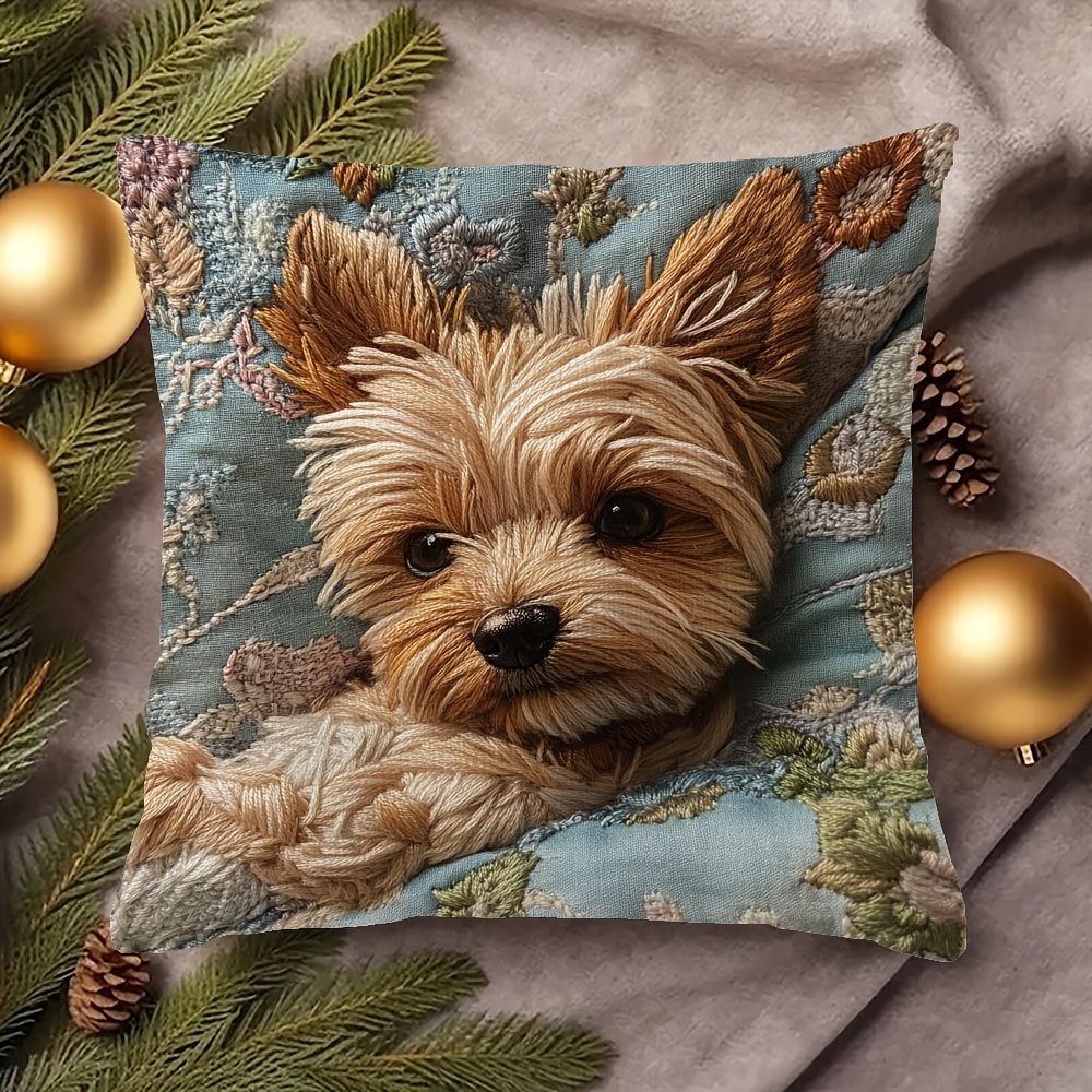 

1pc Super Soft Short Plush Yorkshire Terrier Pillowcase 18x18" - Double-sided Print, Vintage Embroidery , Zip Closure, Machine Washable, Ideal For Sofa & Bedroom Decor (no Insert)