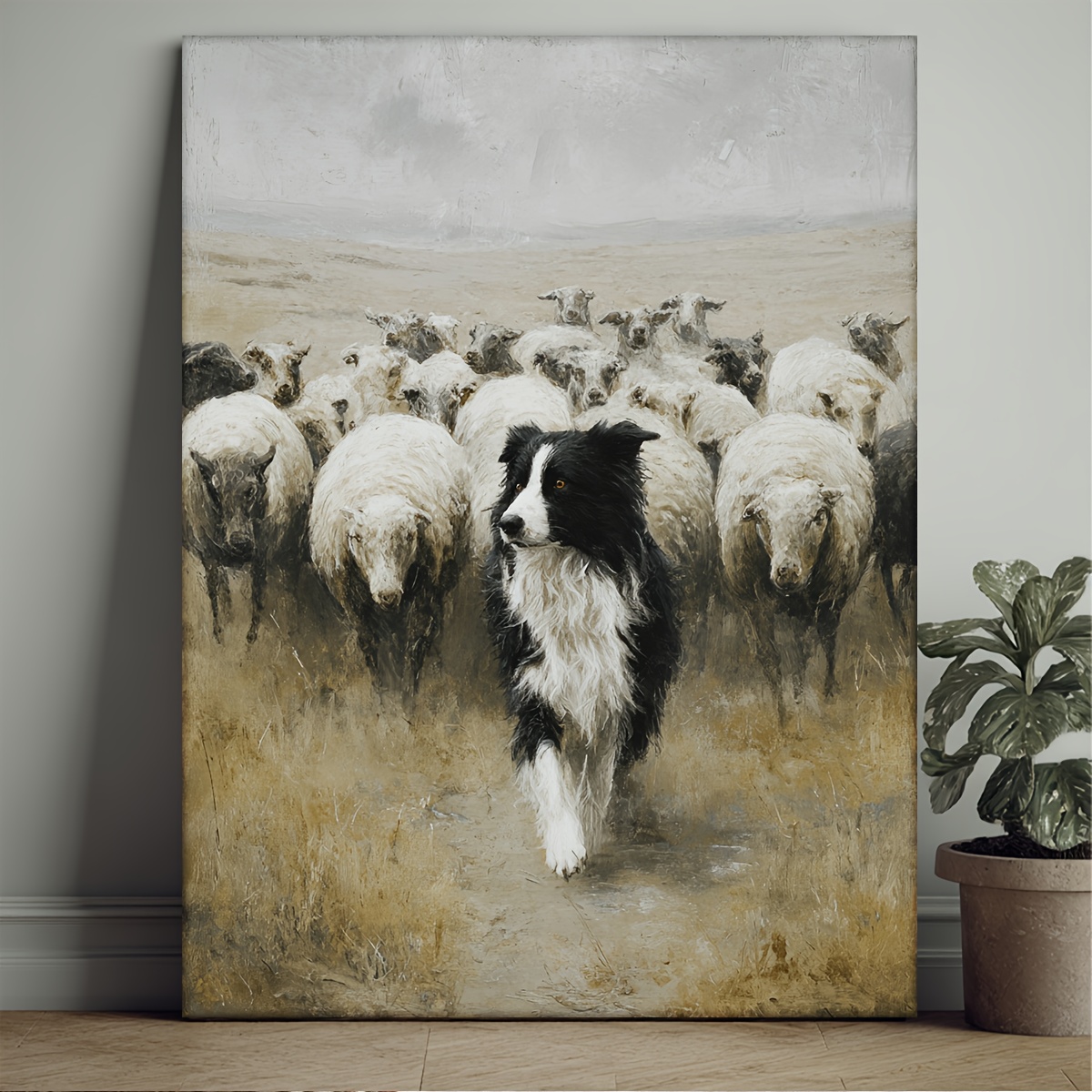 TEMU 2d Flat, 2d Flat, This Canvas Artwork, Measuring 30.48 By 40.64 Cm, Showcases A Manga-style Border Collie Herding Sheep. It As A Rustic Animal