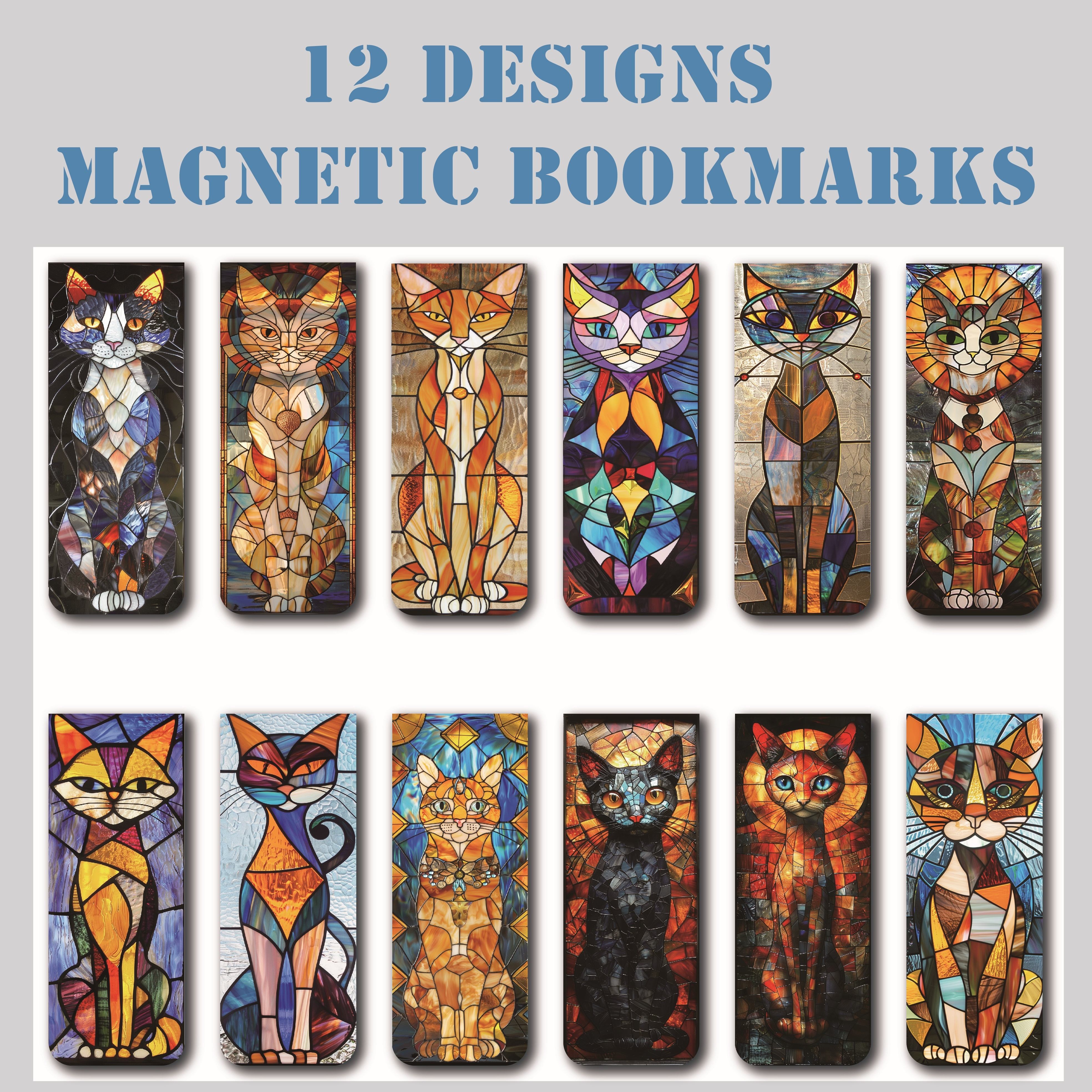 

Charming Cat Magnetic Bookmarks, 12-piece - Stained Glass Style For Books & More