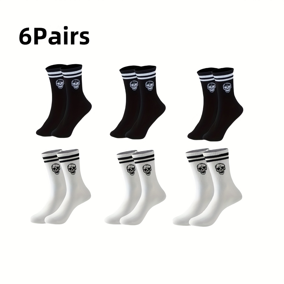 E-shop 2/6 Paar, Schwarz-Weiße Doppelgestreifte Totenkopf Mid-Cut Socken, Halloween-Stil, Weiches und Atmungsaktives Material mit Vollständiger