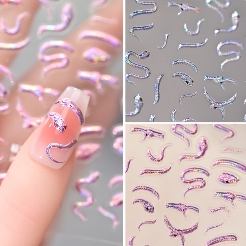 

Aurora 5d Holographic Laser Snake Nail Stickers, Pink And Silvery Metallic Irregular Shaped Decals For Nail Art Decoration, Self-adhesive, Disposable, 2pcs, Radiation, Nail Decoration Set