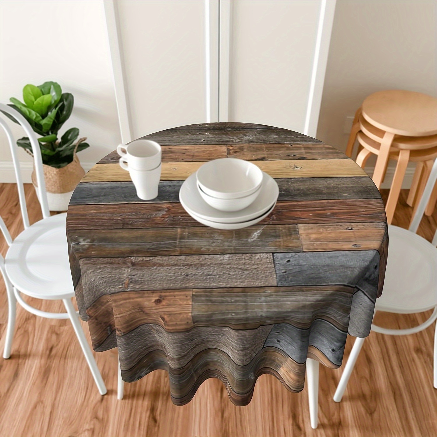 

Rustic Wood Grain Round Tablecloth - Style, Heat-resistant Polyester, Kitchen, Dining & Outdoor Use, Reusable, Kitchen Table Cloth