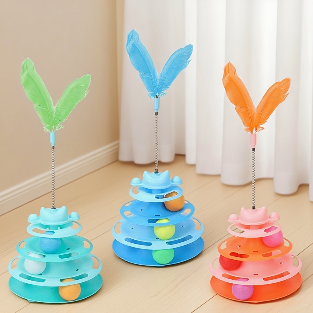 Artificial Feather Cat Carousel Toy - Rotating Rolling Ball Cat Toy, Interactive Teasing Toy for Cats, Cat Gift, Suitable for Indoor Cat Companion Toy, Self Entertainment And Fun Toy to Reduce Boredom, Random Balls in 3 Colors, Without Battery