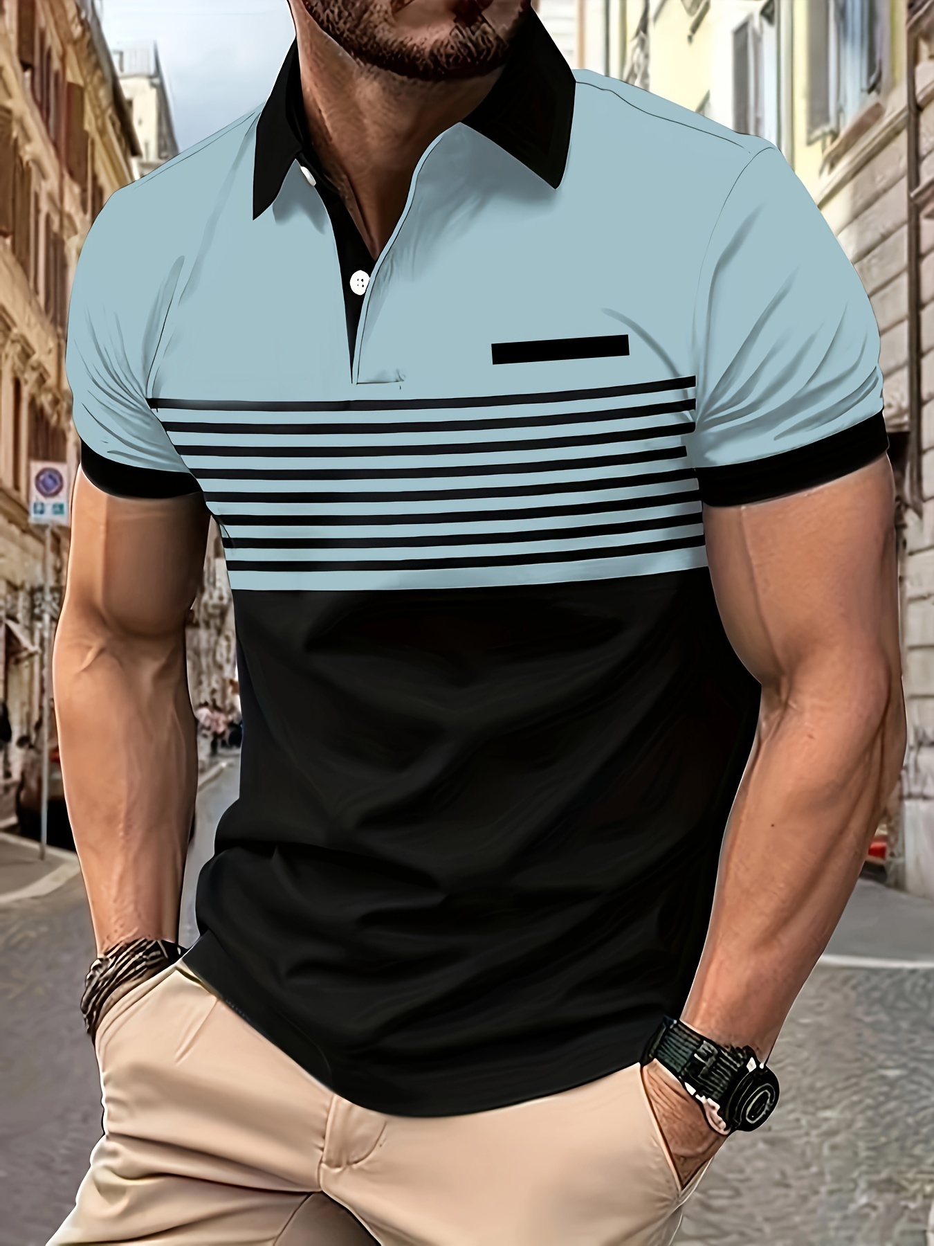 Men's Contrast Color Stripe Pattern Short Sleeve Lapel Collar Henley Shirt Chic And Trendy For Summer Golf And Daily Wear