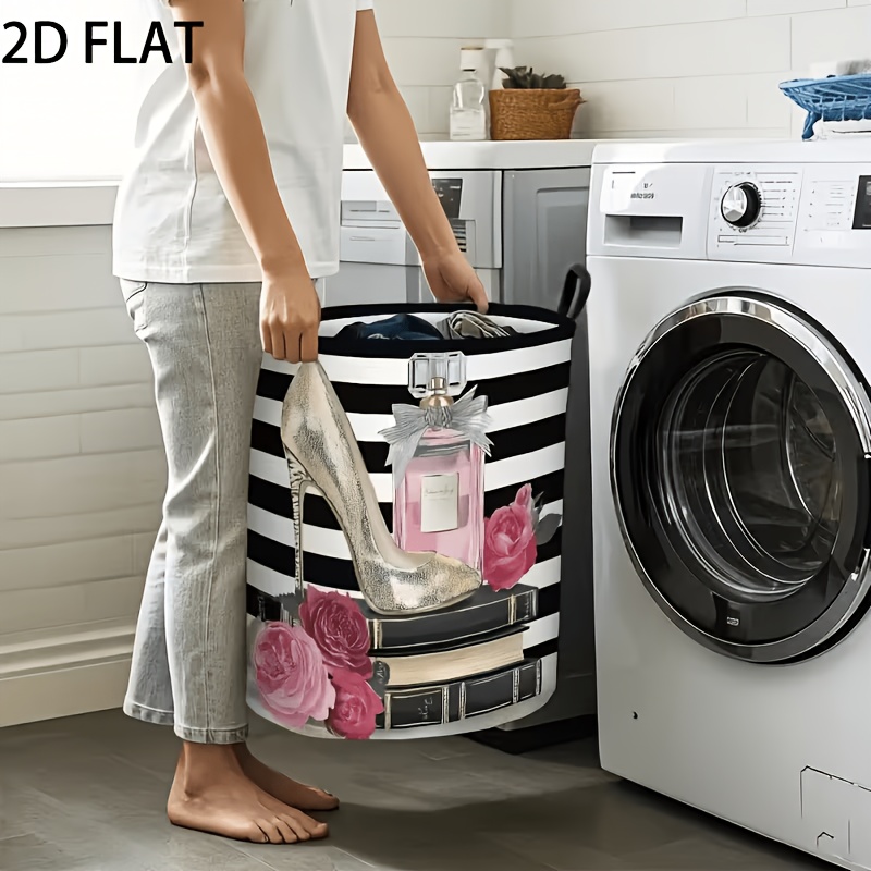 TEMU 2d Flat - 1pc Black And Golden Striped High Heel Perfume Rose Pattern Storage Basket, Laundry Basket, Large Capacity Foldable, Suitable For