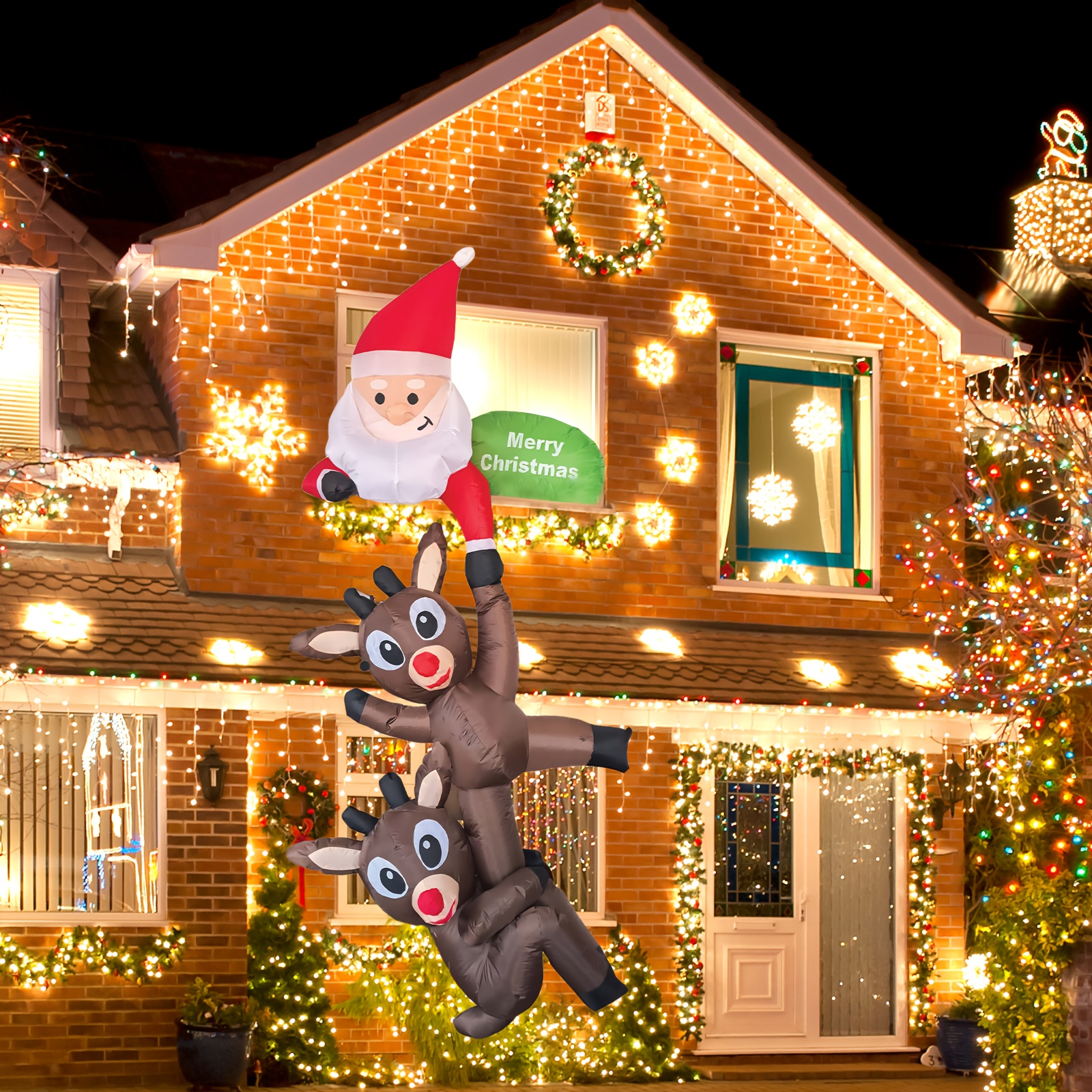 TEMU 1pc 8ft Hanging Christmas Inflatable Santa & Elk Decoration, Santa Catch Reindeer Outdoor Blow Up Christmas Decorations With Led-lights For Roof