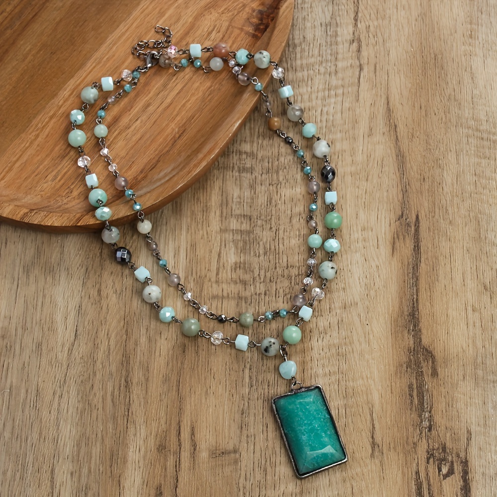 

Vintage Layered Stone Necklace, Natural Gemstone Beads, Glass Curved Needle , 2-tier Design With Square Pendant, For Women, Ideal For & Gifts, Mother's Day,