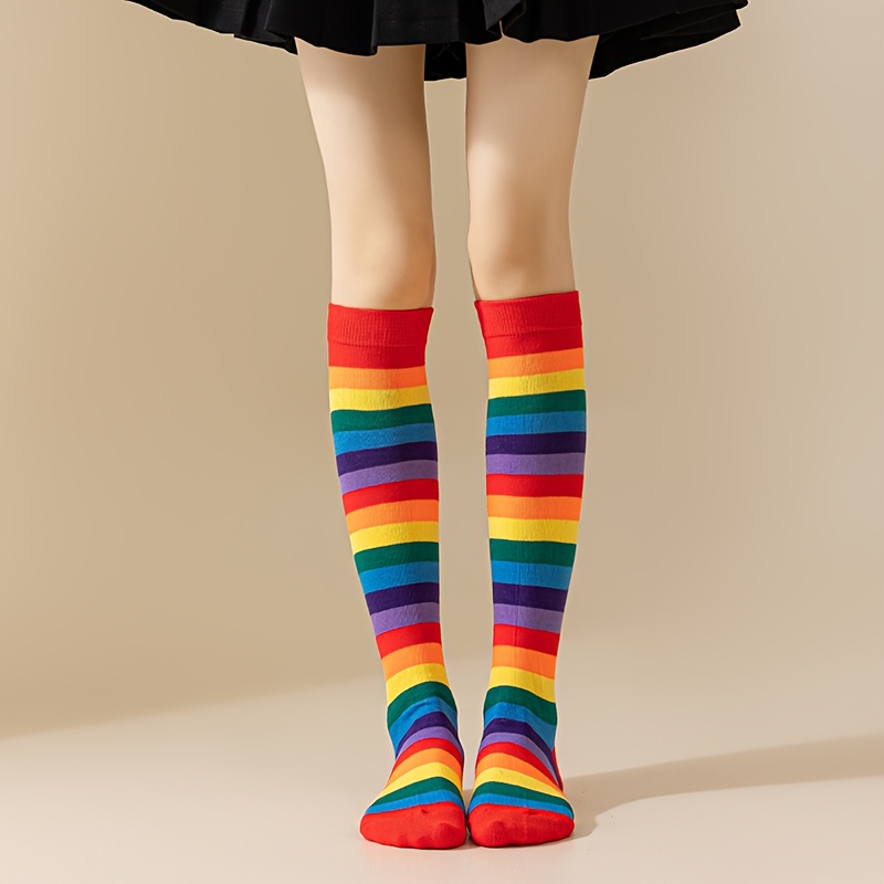' Rainbow Striped Long Calf Cosplay Socks - Multicolor Party Leg Warmers Suitable For Halloween Costumes, Dance Performances & Casual Attire - Machine Washable Themed Attire Socks