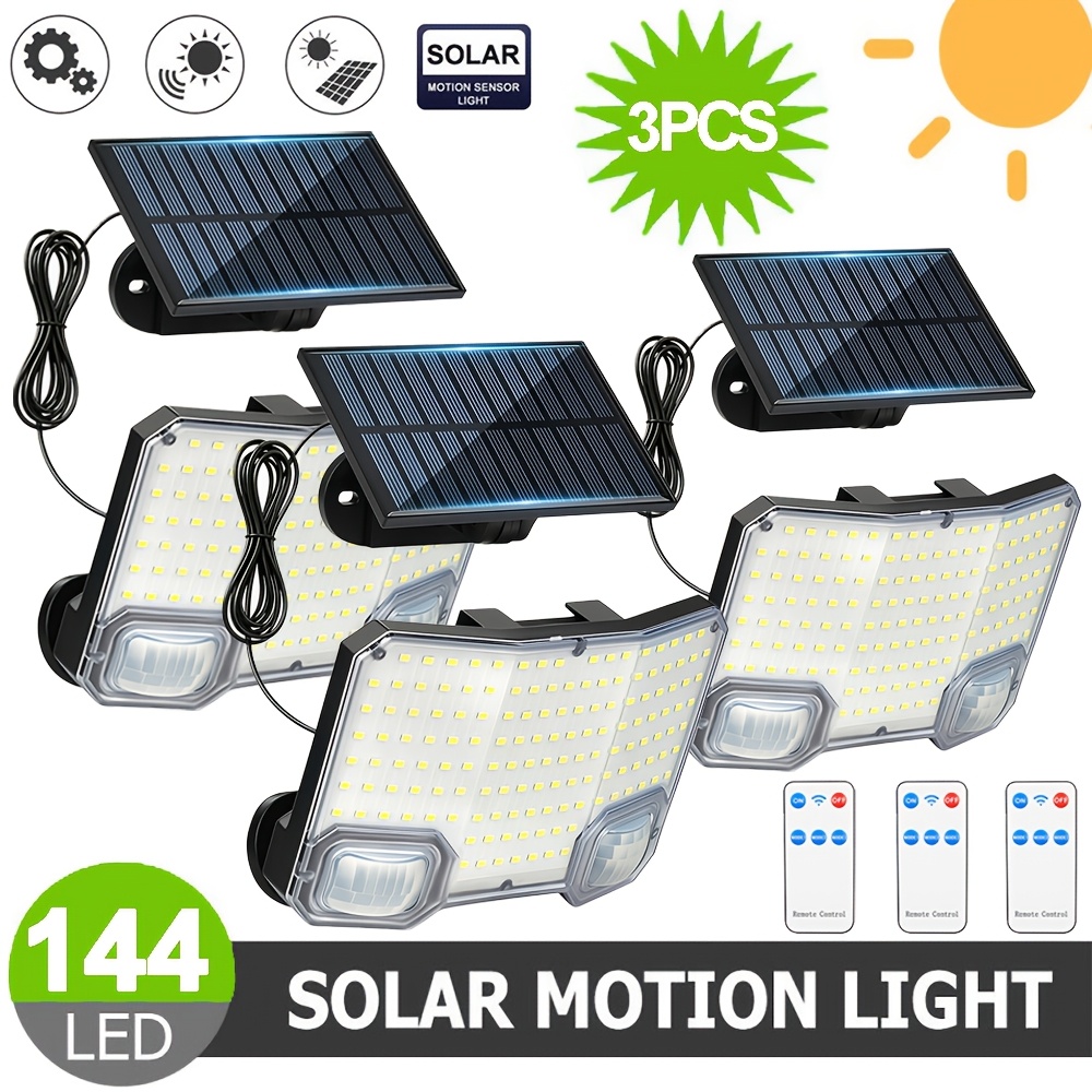 TEMU 3pcs Solar Motion Sensor Wall Lights With Remote, 144 Led Solar Lights With 3 Lighting , 270° Wide-angle Lighting, Split Solar Safety