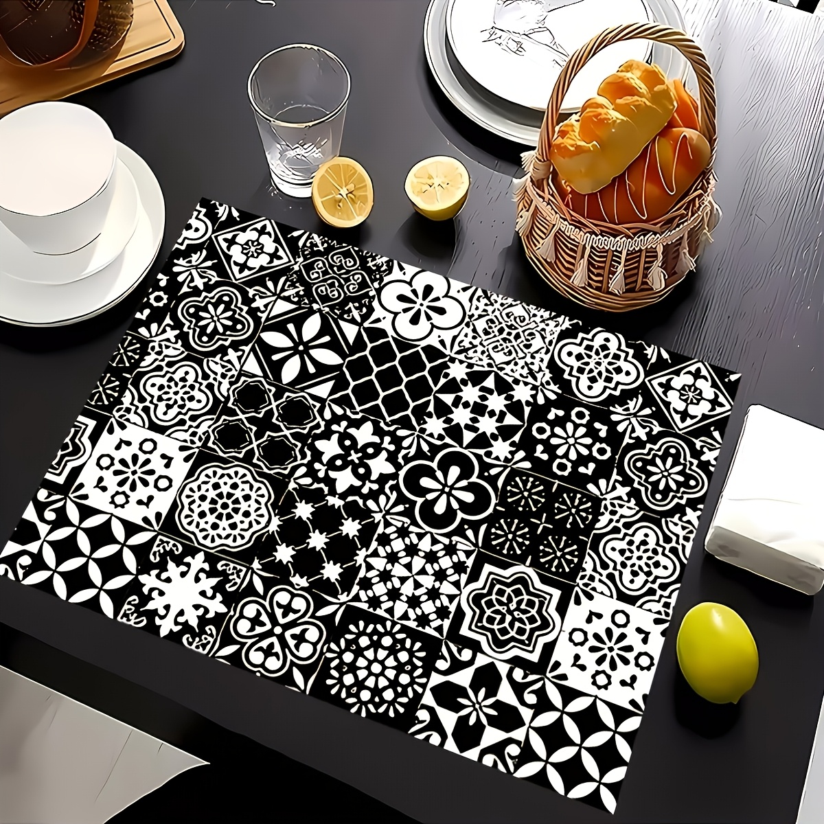 TEMU Sets de table bohèmes pour décoration de table à manger - Dessous de verre rectangulaires et minimalistes, lavables en machine, noir , , cadeau,