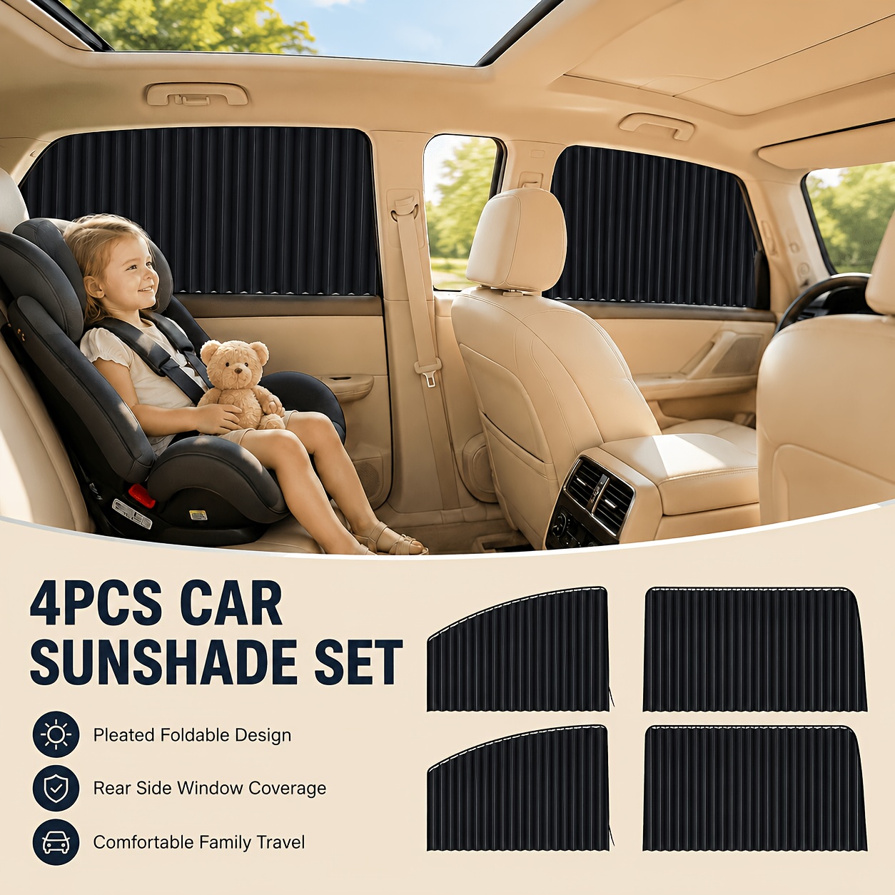 4pcs Pleated Car Window Sunshade Set With Foldable Design For Rear Side Windows, Suitable For Family Trips, Daily Commuting, Summer Travel, School Runs, And Road Trips