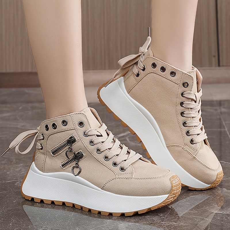 LYKU Women's Height-Increasing Sneakers with Thick Platform Sole - Breathable Low-Top Lace-Up Sneakers Suitable for Sports, Casual Wear & Everyday Use, Cushioned PVC Sole & Round Toe, - White Sneakers, Women Shoes