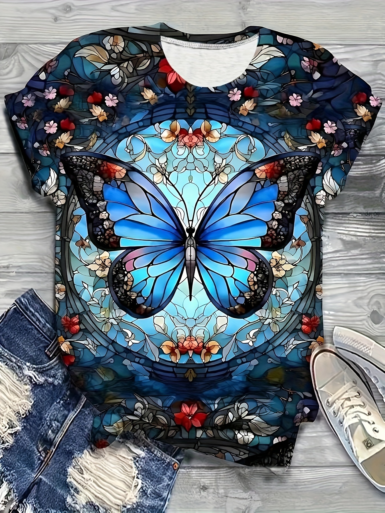 Plus Size Cute Colorful Butterfly T-Shirt Women Short Sleeve Floral Graphic  Nature Tops at  Women's Clothing store