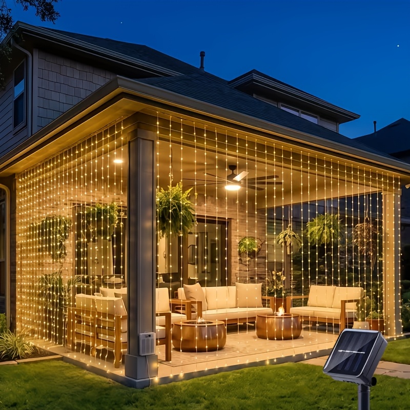 8 Lichtmodi Solarbetriebene Vorhang-Lichterkette, Outdoor Wasserfall LED Lichterkette für Weihnachts-Garten-Hof-Balkon Hochzeit Camping Feiertagsdekoration Warmweiß