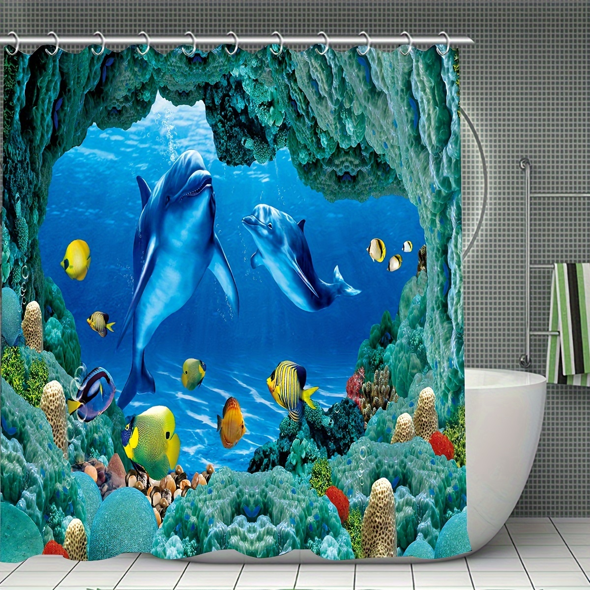 

Shower Curtain Set With Dolphin Pattern, Shower Curtain With 12 Hooks, Non-slip Bath Mat, U-shaped Toilet Mat, Toilet Mat, Bathroom Accessories