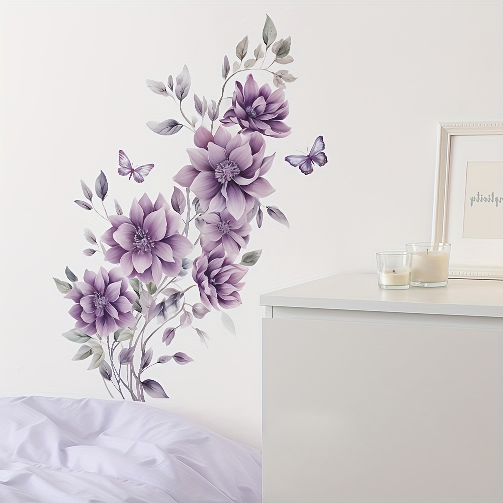 

1pc Flowers Vine Wall Stickers, Purple Flowers Butterfly Green Leaves Wall Decals, Removable Vinyl Diy Home Wall Art Stickers For Bedroom Living Room Sofa Tv Background Wall Decor