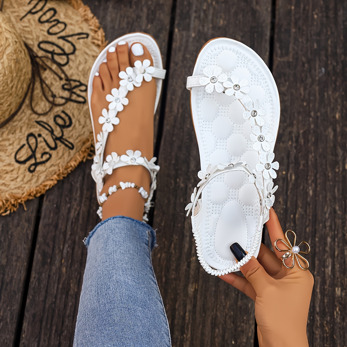 TEMU sandales d'été à bout clouté pour femme grande taille, tenue d'extérieur avec bande élastique, sandales plates confortables et - avec décoration