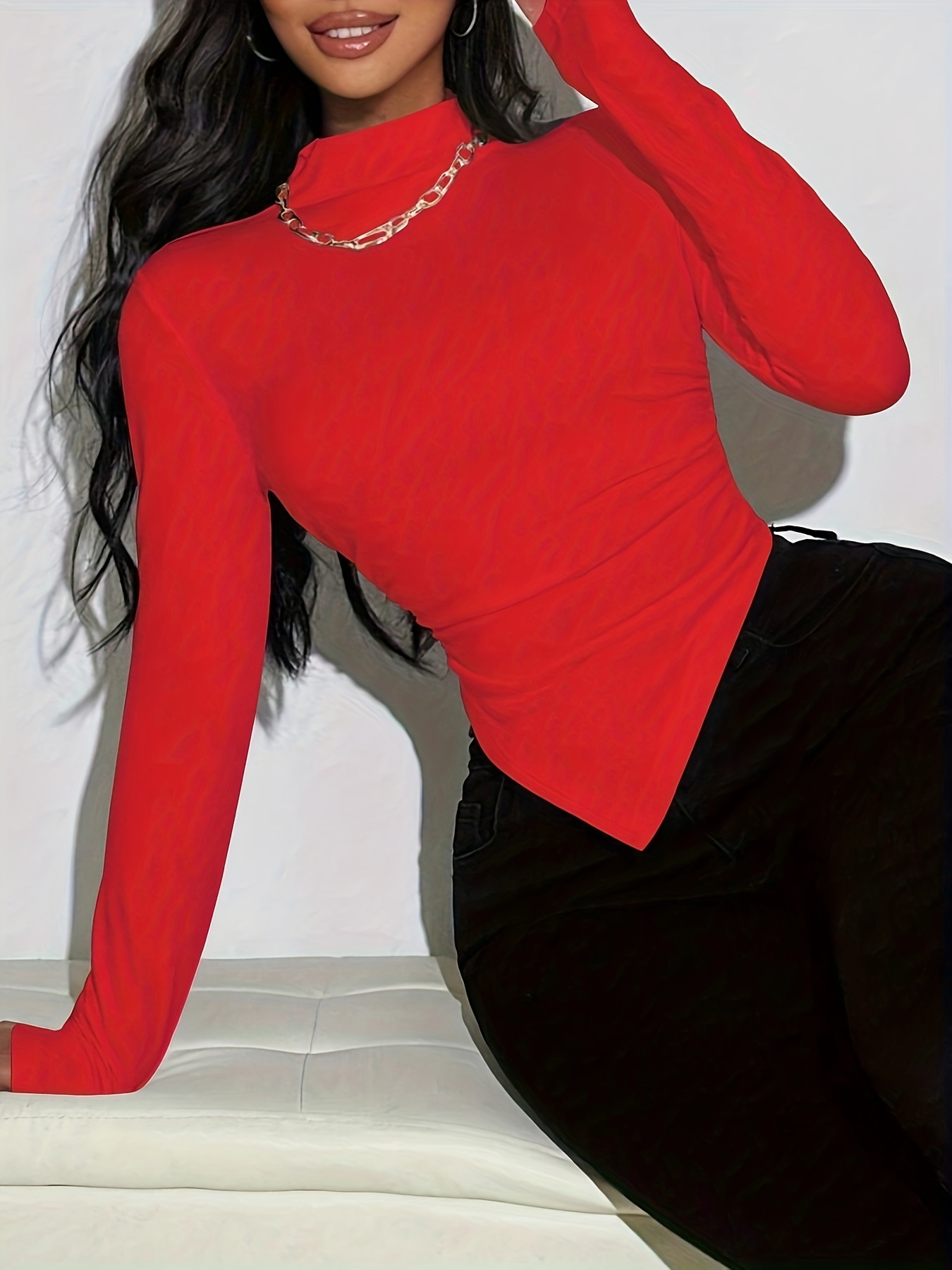 Side Ruched Asymmetrical Hem T-shirt, Sexy Mock Neck Slim-Fit Long Sleeve Top For Spring & Fall, Women's Clothing
