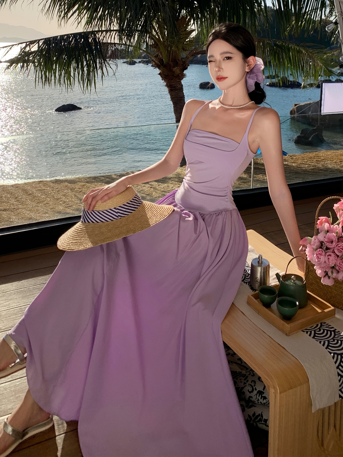 strapless open back dress Women's Purple Color Faux Georgette Designer Embroidery Work Wedding Reception Wear Gown for Girls Purple / 2XL main image 1