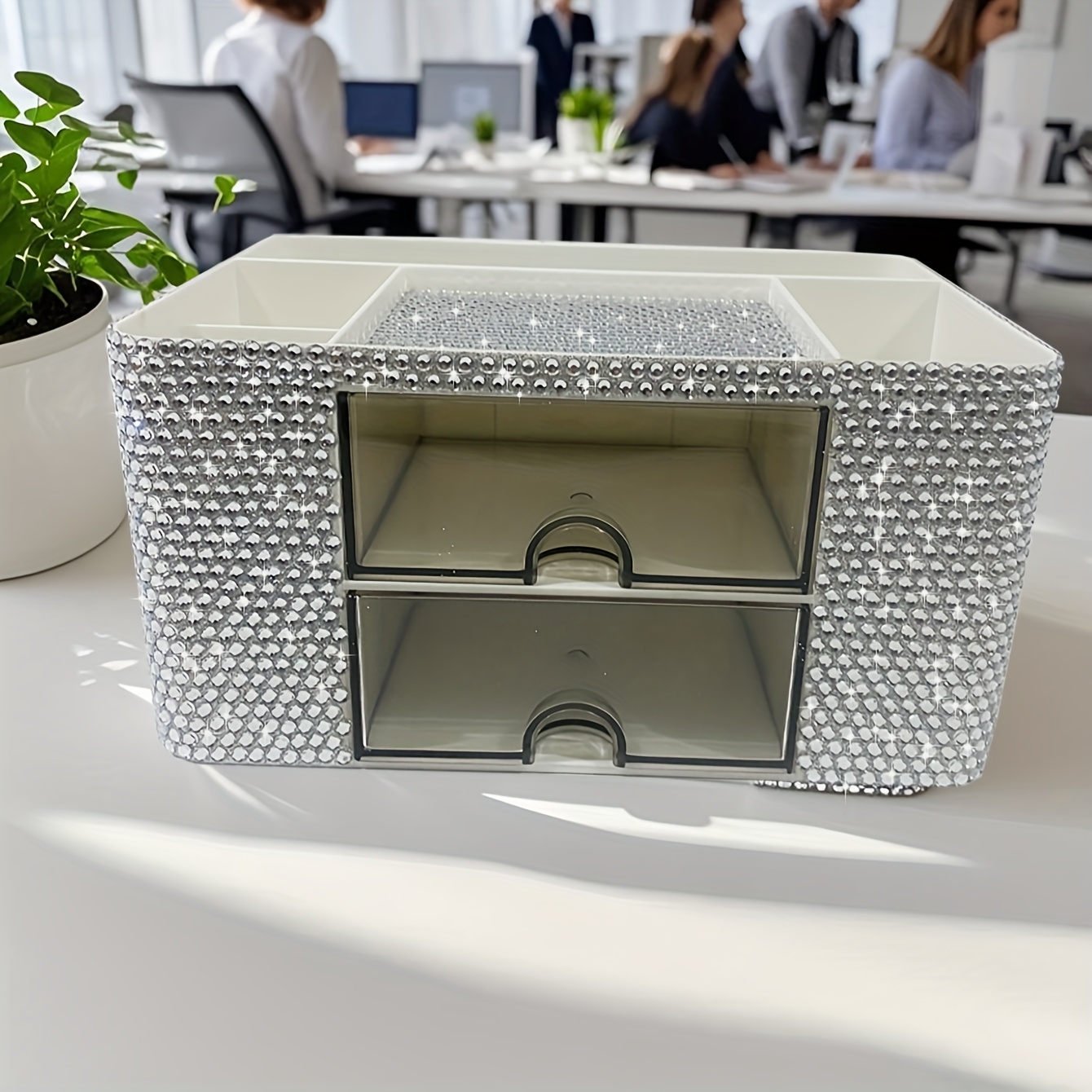 Image of 1 Sparkling Desktop Office Supplies Makeup Organizer Box With 2 Drawers, Christmas Birthday Gift For Cosmetics And Skincare Storage, Desk Decor Display Suitable For Vanity Office Study Table