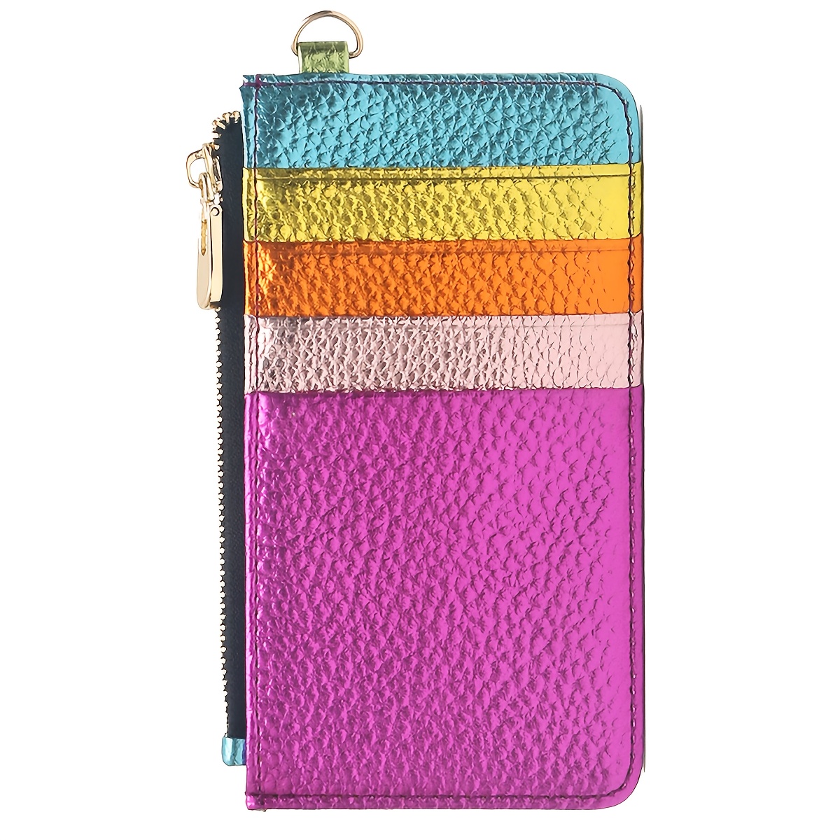 Image of Metallic Colorful Pu Vegan Slim Card Holders With Sling Belt Zipper Closure Coin Purse Rfid Wallet For Women Portable Daily Holiday