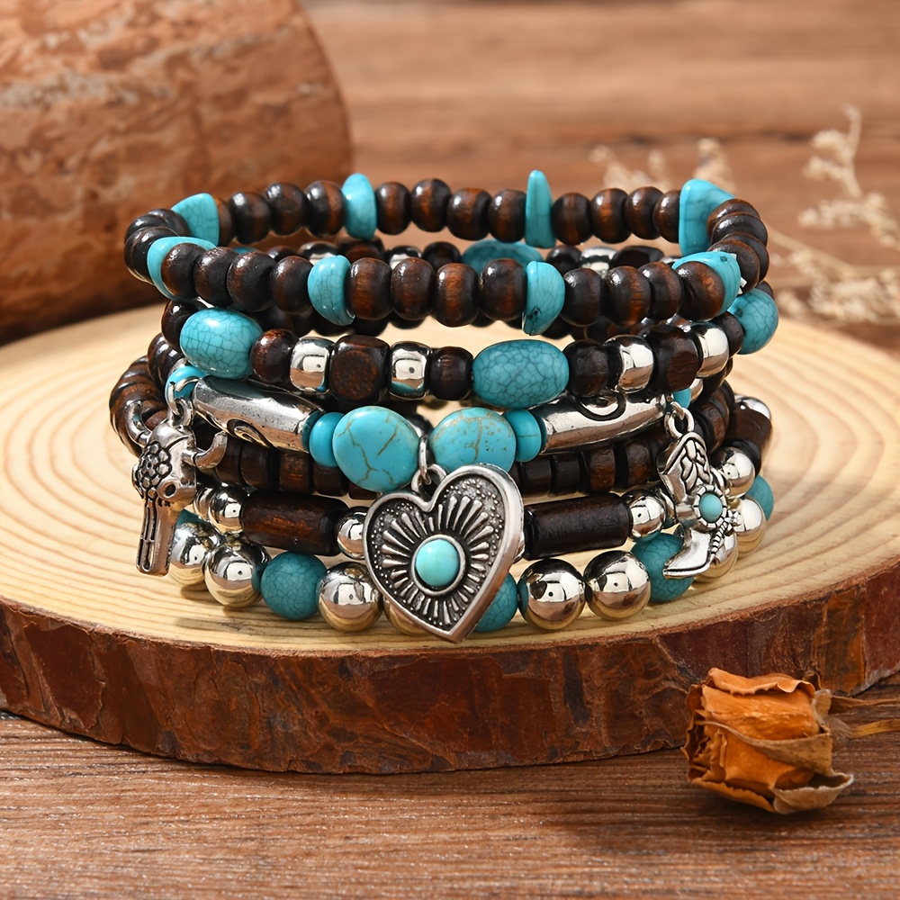 TEMU 6/7/13pcs Western Cowboy-style Beaded Bracelet Set Turquoise Head, Heart And Feather Combination And Bohemian Holiday Gift Set, For Teenager