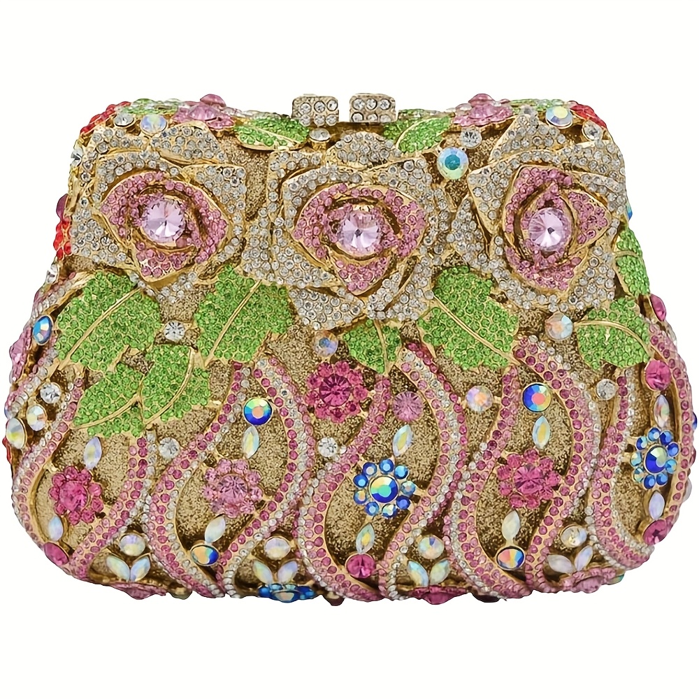 Women Floral Rhinestone Purse Vintage Flower Rhinestone Evening Bag Prom Handbag