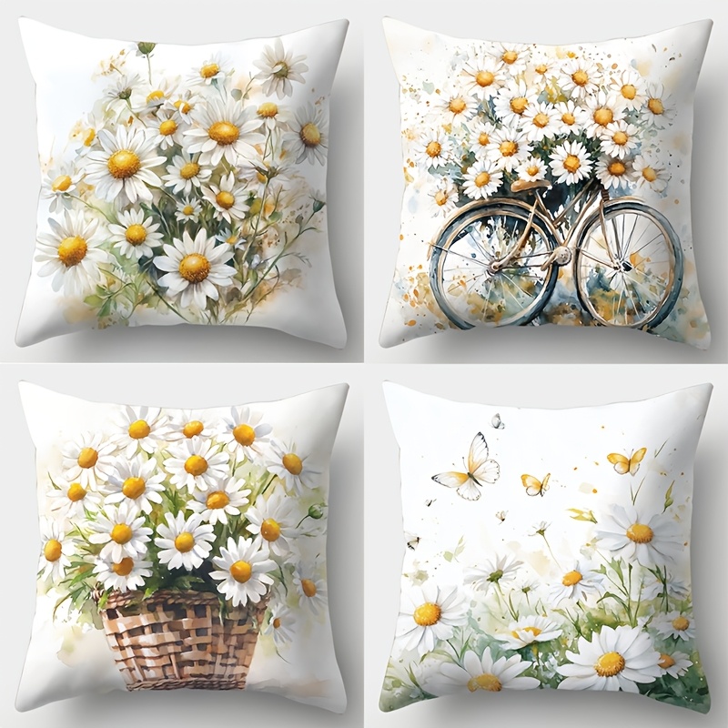 Image of Four-piece Collection, Featuring Printed Pillow Covers. Includes Designs Of Daisies, Bicycles, And More. Ideal For Decorating Rooms, Living Areas, And Sofas (pillow Inserts Not Included)