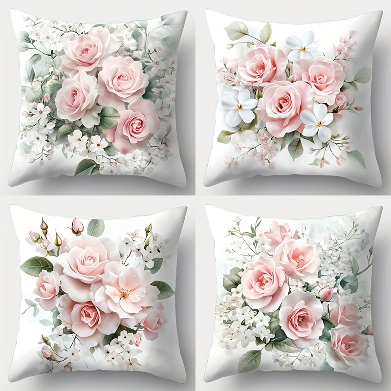 4pcs. Blush Floral Pillow Covers Set. With Clusters Of Soft Pink Roses, Blossoms, And Leaves On White Background. Sized 17.7 X 17.7 Inches, Easy-to-clean, No Pillow Core