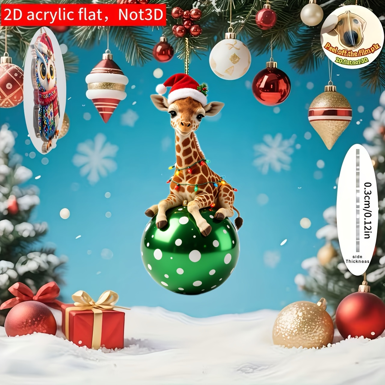 TEMU 2d Flat, 1pc, 2d Acrylic, Christmas Giraffe On Green Christmas Ball Pendant, Holiday Pendant, Hanging Decoration, Easy To Hang Rope, Indoor And