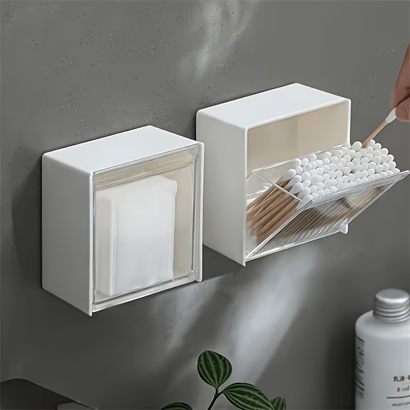 TEMU Zxf White Wall-mounted Storage Box, Cosmetic Organizer, No-drill Wall-mounted Dental Floss And Swab Holder, Small Bathroom Storage Box, No-drill