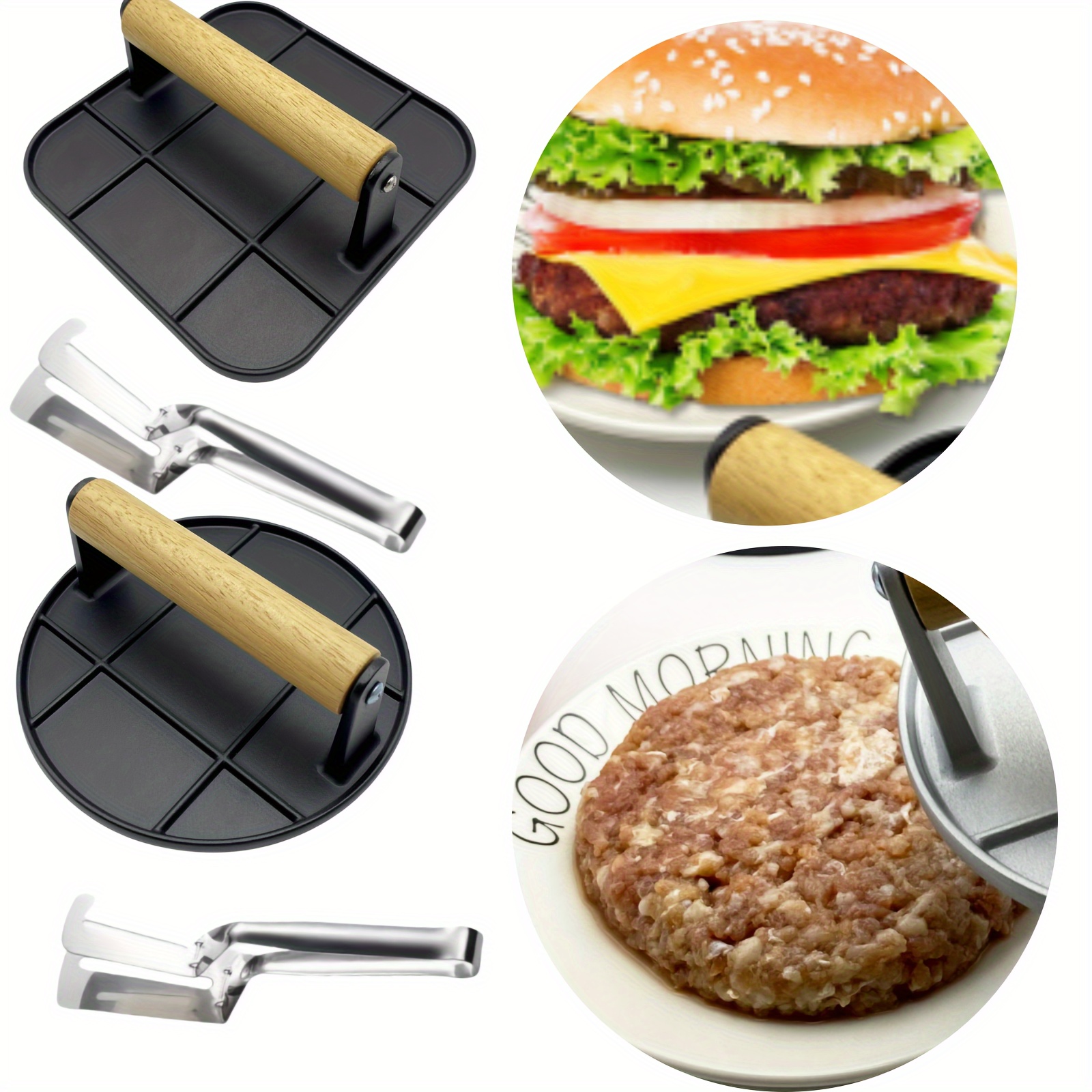 

2 Pieces Heavy Duty Cast Iron Hamburger Press With Wooden Handles - Perfect For Grilling, Sandwiches, And - Kitchen Essentials