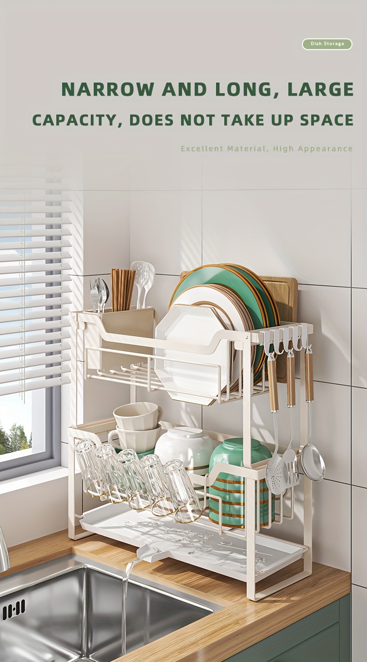 space saving dish rack with drain tray hooks utensil holders multifunctional kitchen organizer for dishes cups knives forks chopsticks Product details 0