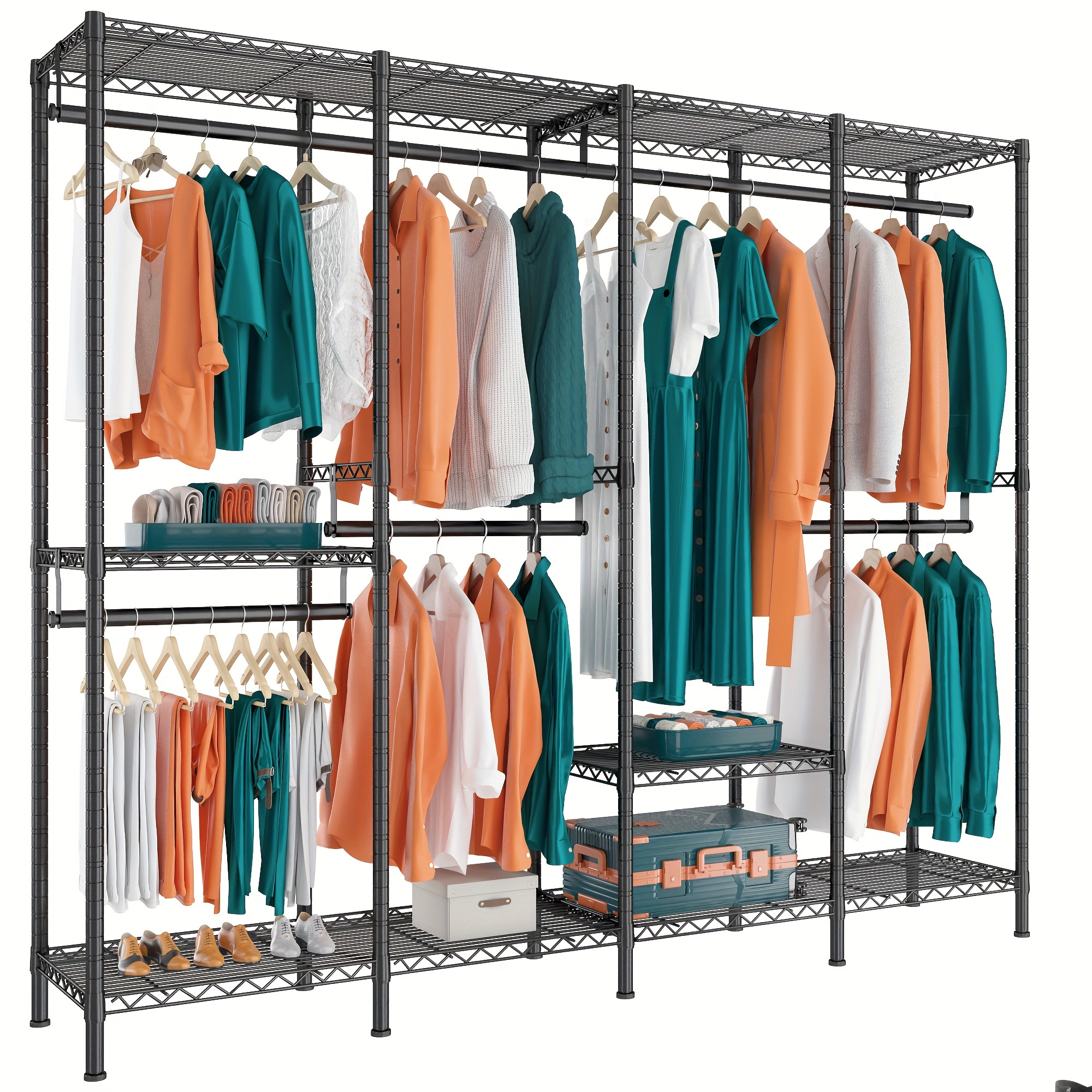

Clothing Racks For Hanging Clothes Load 1100 Lbs Heavy Duty Clothes Rack With 5 Hanging Rods, 6 Shelves Freestanding Wadrobe Closet Adjustable Closet Rack, Black 18" D X 76" W X 77" H