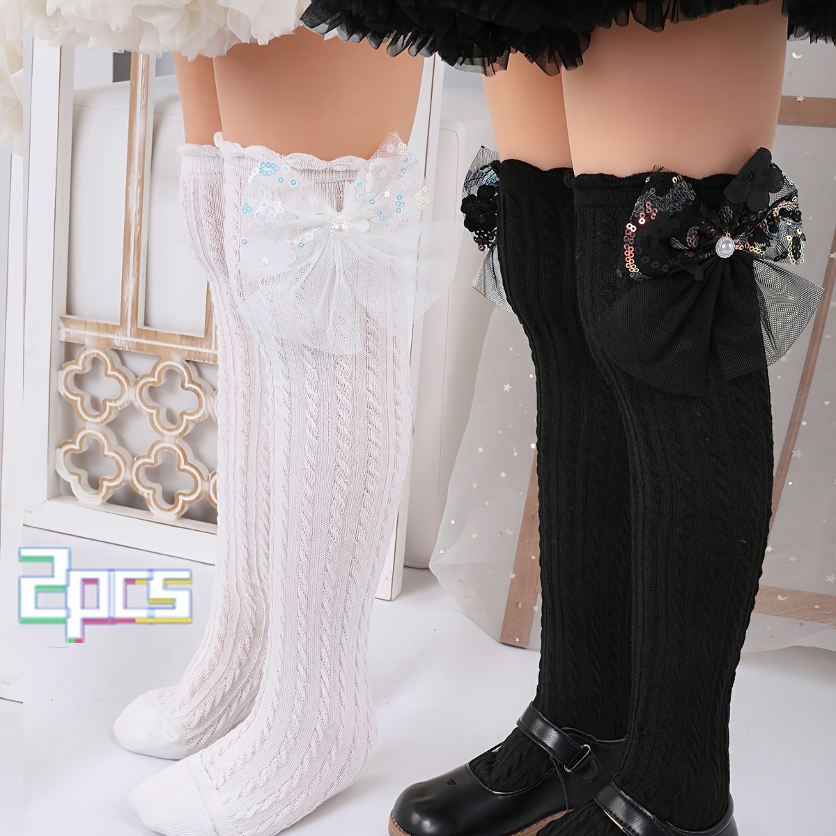 2 stuks Meisjes Kniehoge Sokken met Bloemenstrik & Kantafwerking - Wit & Zwart, Ademend Mesh Stof, All-Season Veelzijdig voor Schooluniformen, Rokken