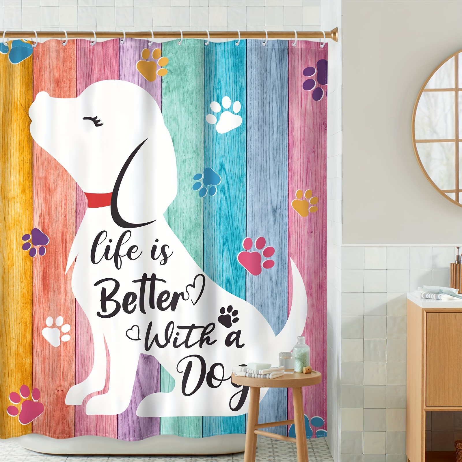 

1pc Cute Dog Shower Curtain For Bathroom Decor, Funny Animal Colorful Wood Plank Country Lovely Farmhouse Footprint Pet Shower Curtain, Fabric Waterproof Polyester 12 Pack Hooks, 60wx72h Inches