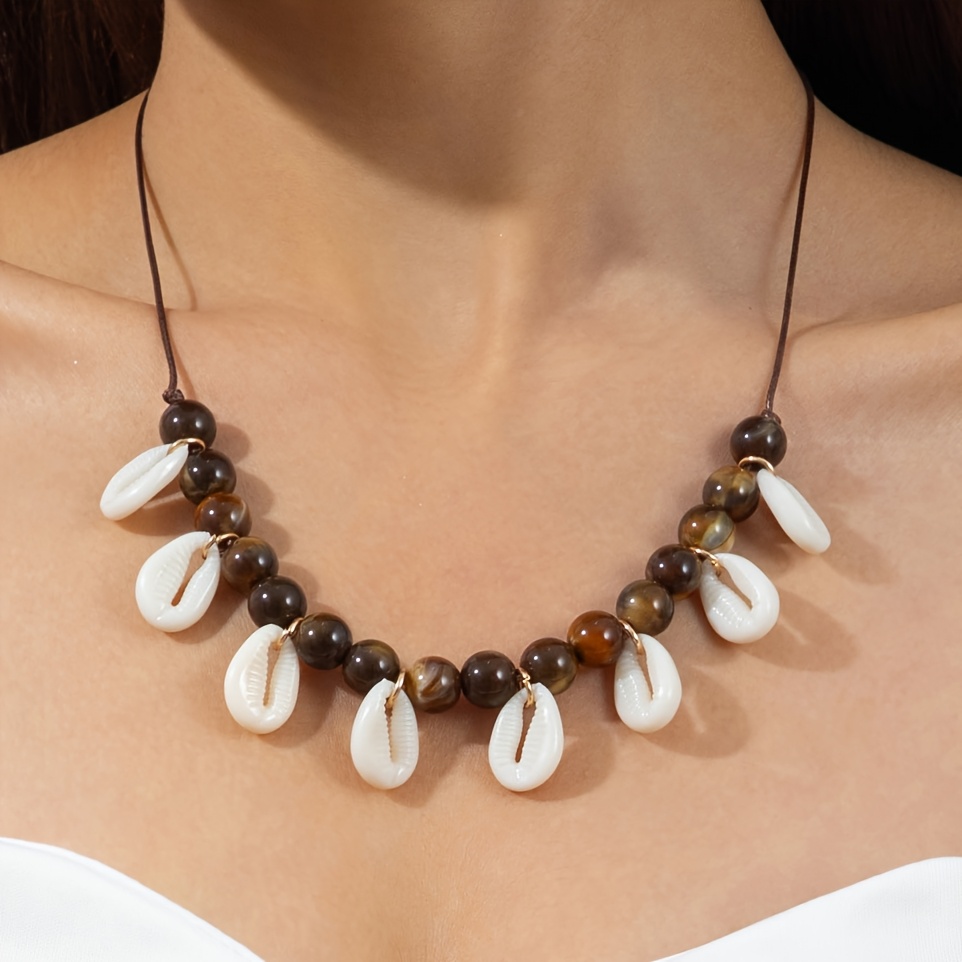 TEMU 1-piece Bohemian Polyester Wax Thread Brown Acrylic Bead Women's Pendant Necklace For Beach, Seaside, Vacation, Party, Gathering